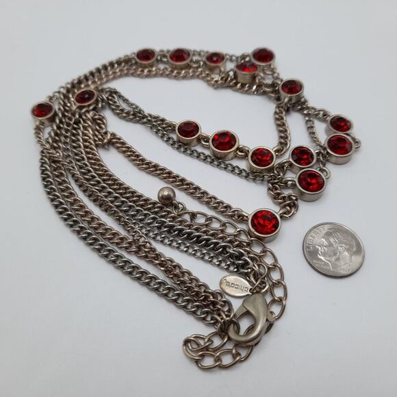 Chico's Red Rhinestone Necklace, Three Strands, Gold Tone, 22 Inches - Picture 10 of 10